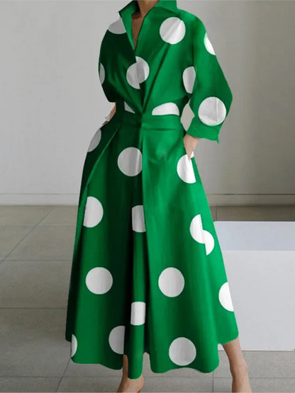 Autumn Dress Long Sleeve Dot Print Elegant Maxi Dresses For Women  White Casual V Neck Shirt Party Long Dress Robe Femme