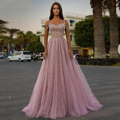 Exquisite Blush Pink Sequin Prom Dress Tulle Spaghetti Strap A Line Long Formal Evening Party Gowns For Women Floor Length 2024