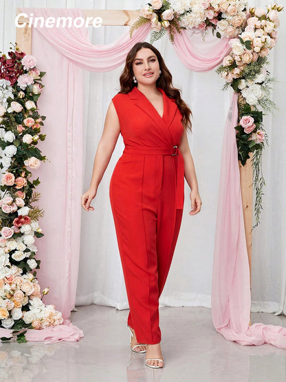 Cinemore 2023 Chic and Elegant Women Jumpsuit Plus Size Lapel V Neck Belted  High Waist Harlan Trousers Pants Office Bodysuit