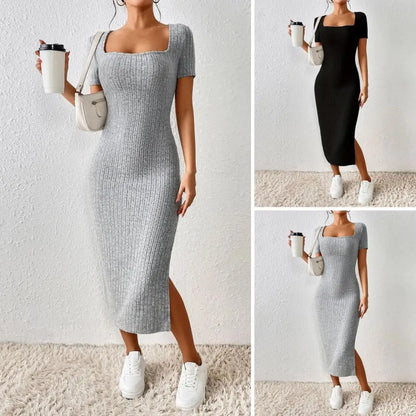 Women Dress Elegant Square Neck Midi Dress for Women Knitted Elastic Skinny Solid Color Summer Dress with Split Hem for Parties
