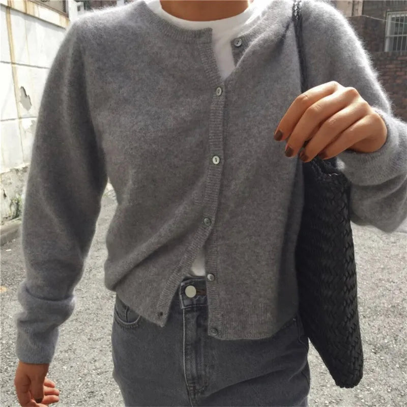 Solid Color Knitted for Women Cardigan Korean Single Breasted Long Sleeve Jumper Woman Round Neck All Match Cardigans Outwear