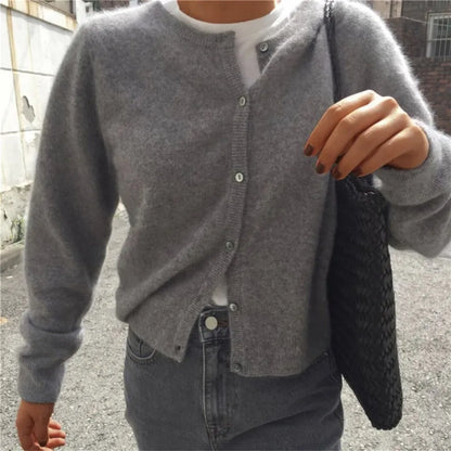 Solid Color Knitted for Women Cardigan Korean Single Breasted Long Sleeve Jumper Woman Round Neck All Match Cardigans Outwear