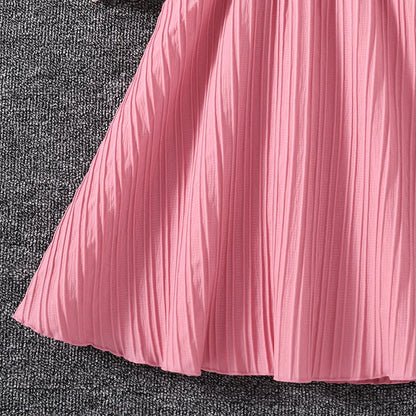 2024 New Summer Dress Pink White Sleeveless Skirt With Diagonal Lace &Belt Fashion Vacation Party Daily For 4-12Ys Kids Outfit