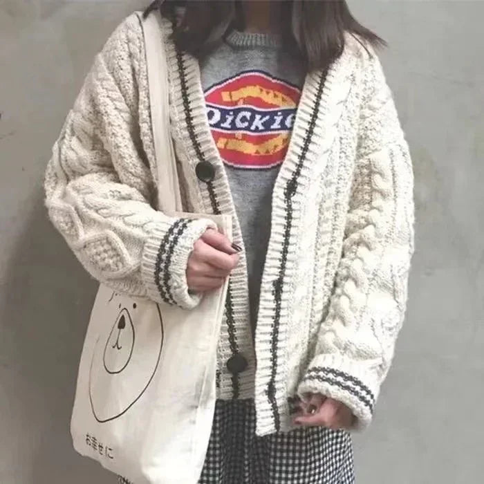 Beige Star Cute College Single Breasted Sweater Women Autumn Korean Woman Sweaters Contrast Color V-neck Knitted Cardigan