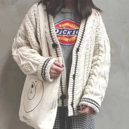 Beige Star Cute College Single Breasted Sweater Women Autumn Korean Woman Sweaters Contrast Color V-neck Knitted Cardigan