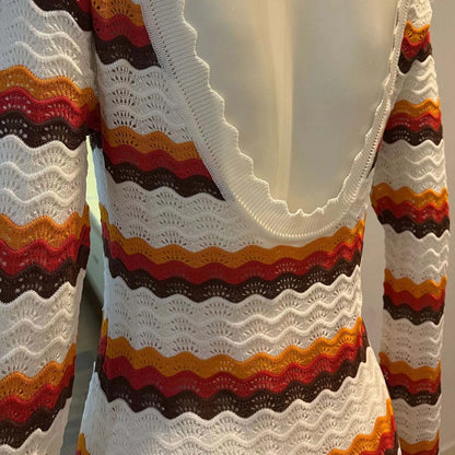 Knitted Hollow Out Dress Women's Striped Print Contrast Color Beach Vacation Long Dress Cover Up Maxi Dress For Women Vestido
