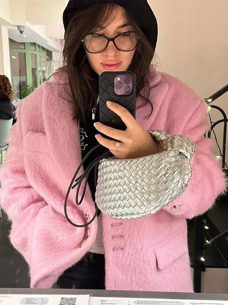 Lapel Collar Plush Pink Coats For Women Fashion Long Sleeves Single Breasted Loose Jackets Autumn Winter Female Packet Overcoat