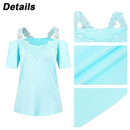 V-Neck Lace Short Sleeved T-shirt Summer Women Clothing Casual Shirt Tees Y2K Crop Clothes Elegant Female Pullover Topso