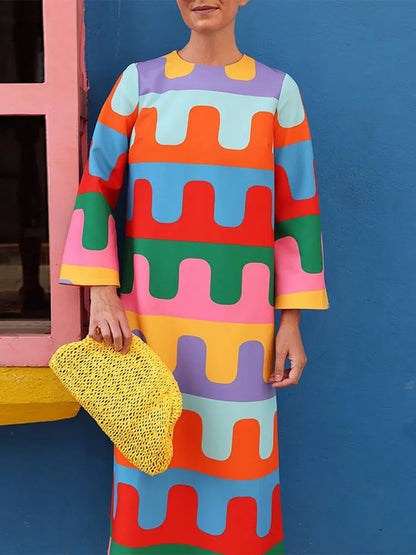 Long Sleeve Split Vestidos Female Causal Vacation Outfits 2023 Fashion Contrast Color Patchwork Loose Midi Dress Women O Neck