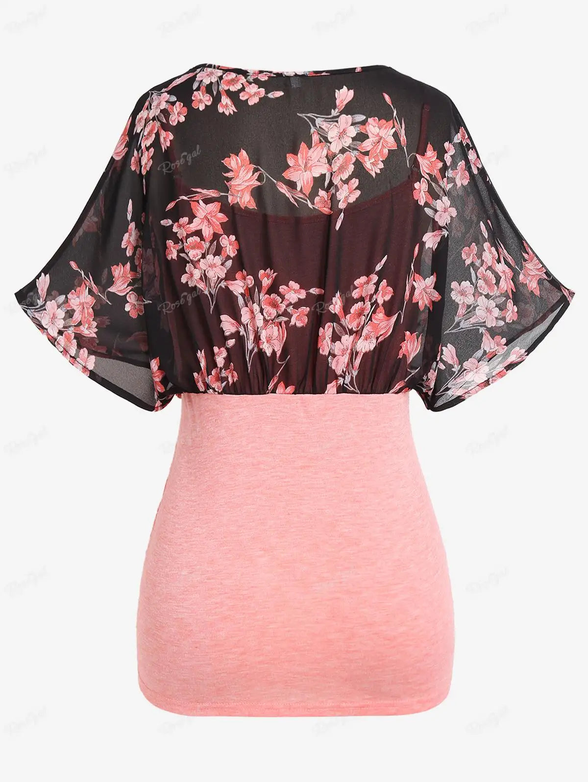 ROSEGAL Plus Size Light Pink Colorblock T-shirts Mesh Panel Flutter Half Sleeves Ruched Twofer Tees Faxu Twinset Tops 4X