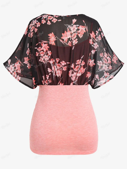 ROSEGAL Plus Size Light Pink Colorblock T-shirts Mesh Panel Flutter Half Sleeves Ruched Twofer Tees Faxu Twinset Tops 4X