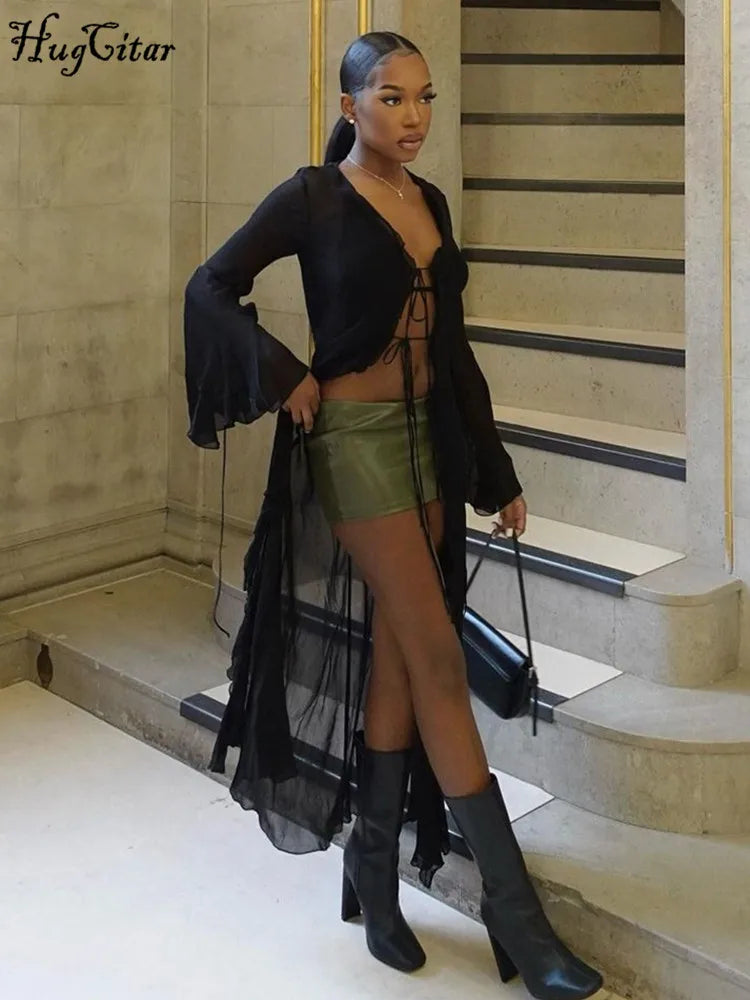 Hugcitar Mesh Long Sleeve Black See Through Cardigan Lace Up Sexy Midi Dress 2023 Summer Women Fashion Beach Party Club Outfit