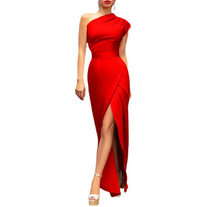 Women Ball Evening Dress Sleeveless One Shoulder Party Maxi Dress Solid Color Tight Waist High Split Prom Dress Women's Clothing