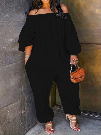 LW Plus Size Off The Shoulder Pocket Loose Jumpsuit Women Summer Casual Solid Jumpsuits Long Sleeve loose Jumpsuit