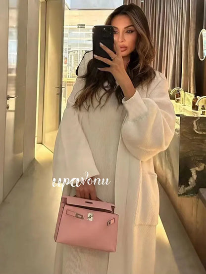 Casual Solid Knitted Sweater Long Dress Set Women Long Sleeve Loose Long Cardigan Coat&Sleeveless Mid length Dress Two Piece Set