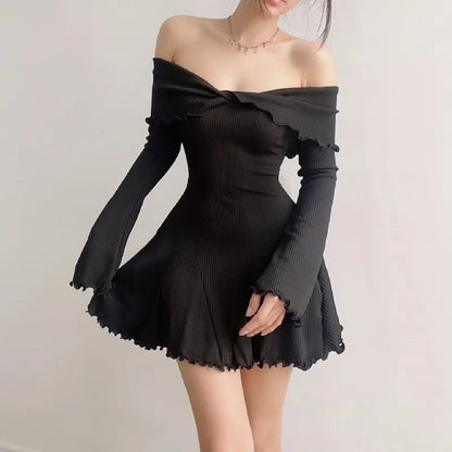 Autumn Black A-LINE Dress Women Streetwear Sexy Strapless Off Shoulder Long Sleeves Knitting Mini Dresses Club Elegant Partywear