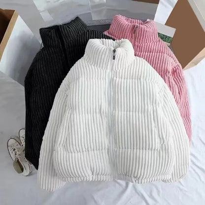 Women Auutmn Winter Coat Stand Collar Neck Protection Women Coat Striped Texture Loose Thick Heat Retention Lady Outdoor Jacket