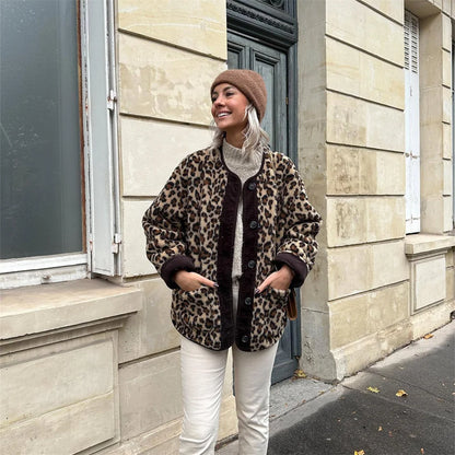 Women's Fashion New Unique Round Neck Single breasted Leopard Pattern Lamb Wool Coat
