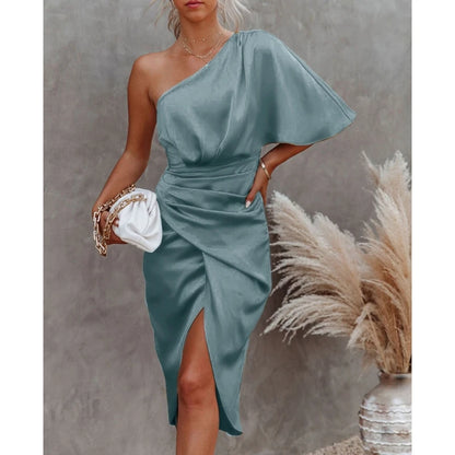 Women One Shoulder Batwing Sleeve Ruched Asymmetrical Satin Midi Bodycon Dresses