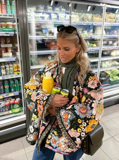TRAF Quilted Jacket Woman Autumn Winter Flower Printed Vintage Demi-season Jacket for Women Coats Tweed Warm New in Outerwear