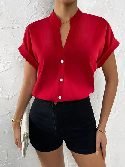 Casual V Neck Solid Shirt Blouse Office Lady Spring Summer Fashion Elegant Short Sleeve Slim Shirts For Women  White Tops