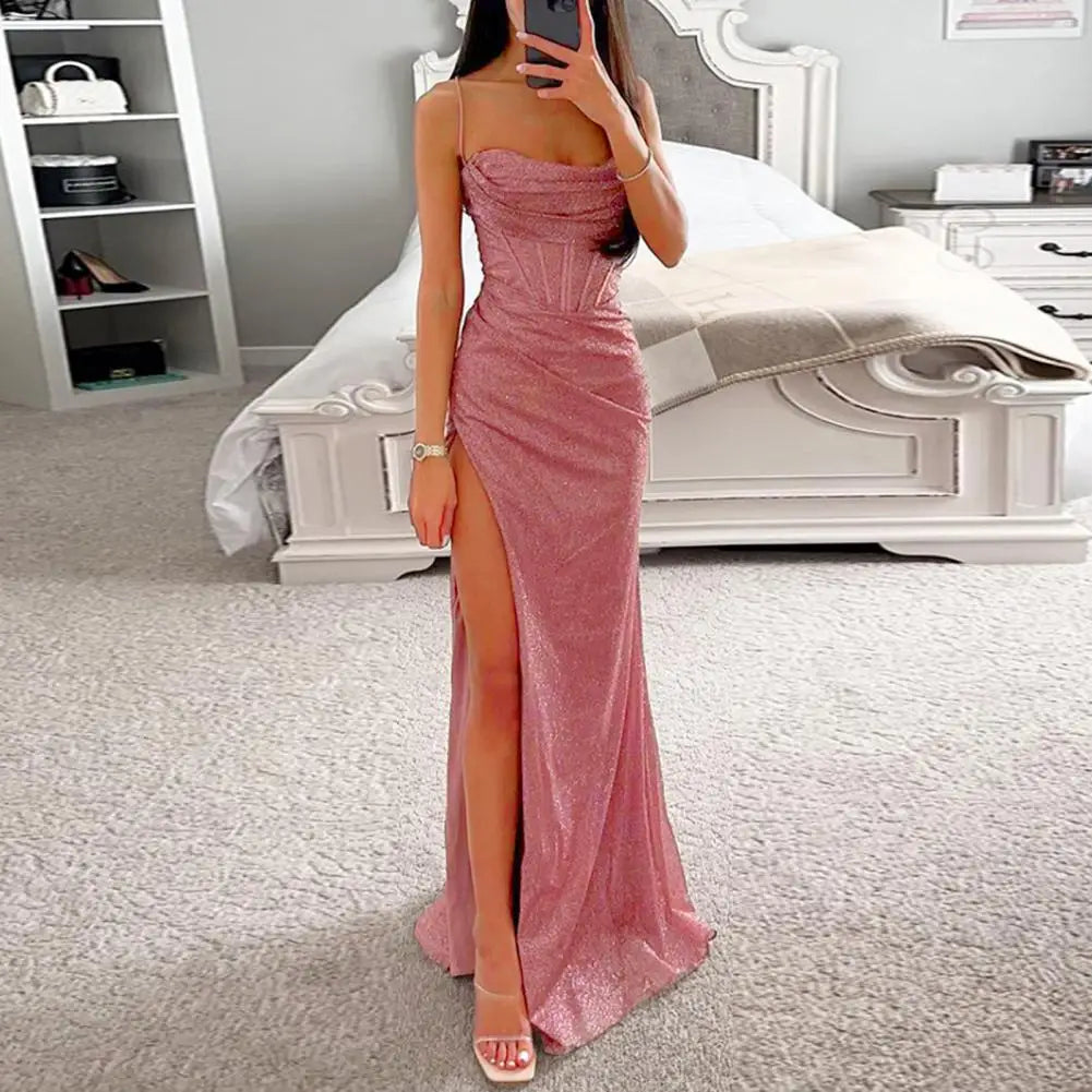 Women Evening Dress Spaghetti Strap Shiny Sequin Sleeveless Dress Off Shoulder Low-cut High Split Floor Length Lady Prom Dress