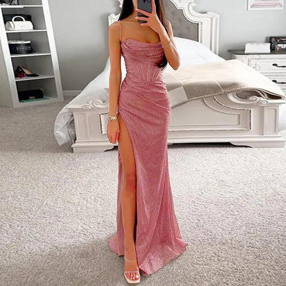 Women Evening Dress Spaghetti Strap Shiny Sequin Sleeveless Dress Off Shoulder Low-cut High Split Floor Length Lady Prom Dress