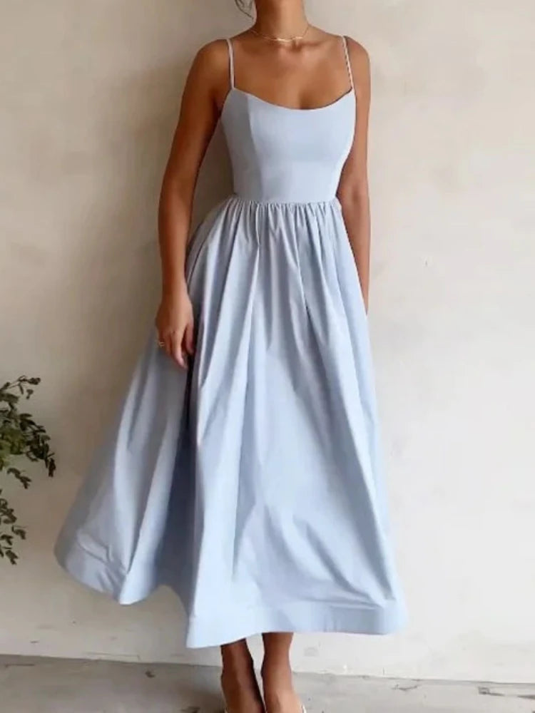 Women Dress Suspender Frock U-neck Solid Female Clothing Pleated Large Hem Dress Summer Streetwear Valentine's Day Outfits