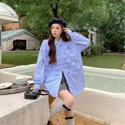 DAYIFUN Women Solid Hollow Out Shirts Lapel Long Sleeve Loose Waist Fashion Patchwork Blouse Female Chic Casual Poly Blusas 2024
