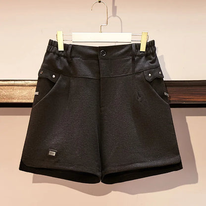 New 2022 Autumn Winter Plus Size Shorts For Women Large Casual Black Wide Leg Pocket Woolen Thick Shorts 3XL 4XL 5XL 6XL 7XL