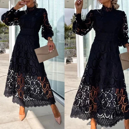 Spring New French Lace Dress For Women Elegant Stand Collar Commute Solid Color Long Sleeves Dresses Summer British Style Skirts