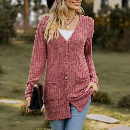 Front Button Pocket Coat Solid Color Cardigan Cozy Knitted Women's Winter Fall Coat Long Sleeve Soft Warm with for Ladies
