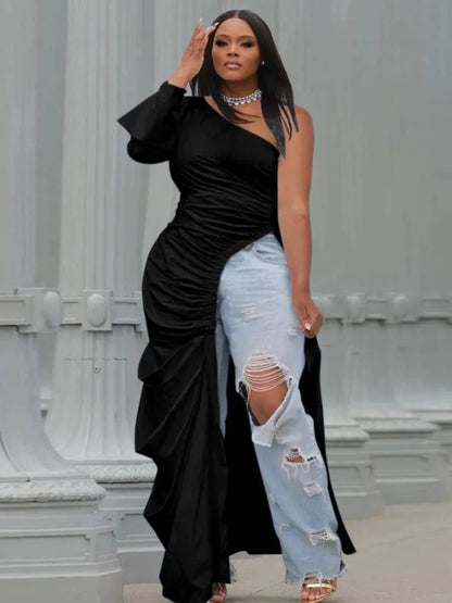 LW Plus Size Spring Solid Asymmetrical Side Split Stretchy Draped Dress Sexy Plain Party Female Vestidos Maxi Dress