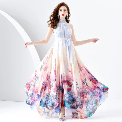 2024 Summer Vacation Beach Chiffon Dress Women Halter Off Shoulder Flower Print Sashes Lace Up Long Boho Robe Loose Vestido 6361