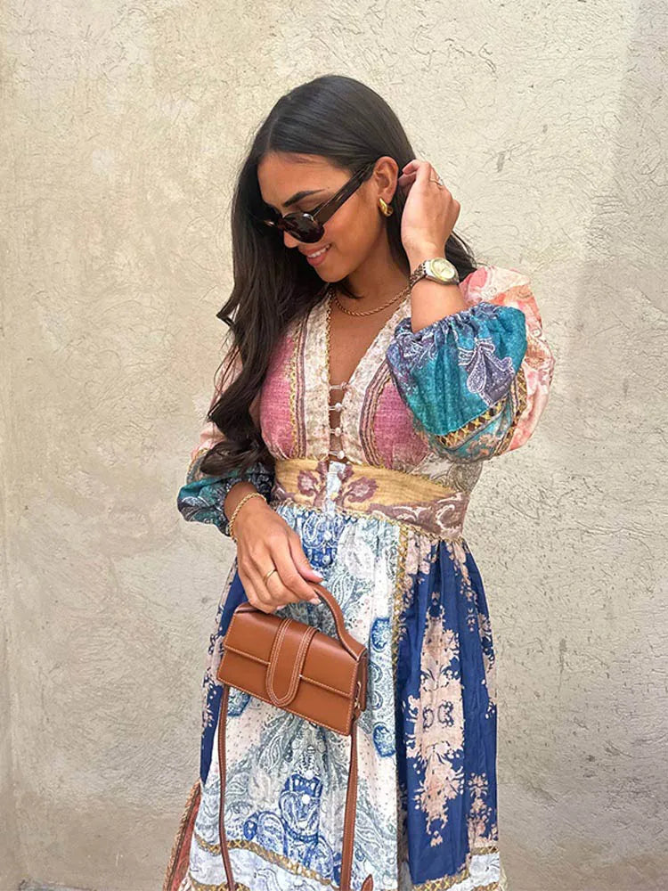 Vintage Lantern Sleeves Printed Splicing Maxi Dress Women Elegant V-neck A-line Dresses 2024 Female Beach Vacation Vestidos