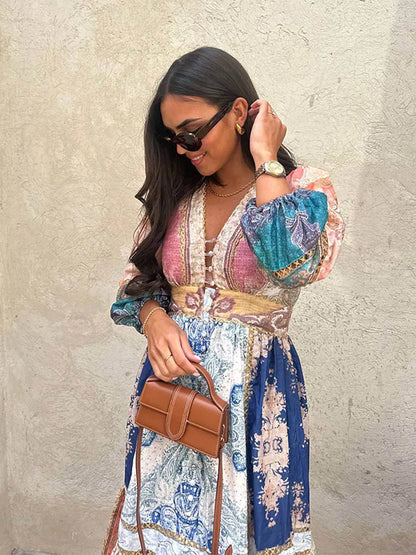 Vintage Lantern Sleeves Printed Splicing Maxi Dress Women Elegant V-neck A-line Dresses 2024 Female Beach Vacation Vestidos