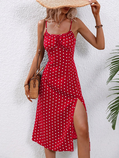 2024 Women Floral Print Spaghetti Straps Summer Boho Beach Dress Print Elegant  Suspenders Square Neck Slit Dress Vestidos