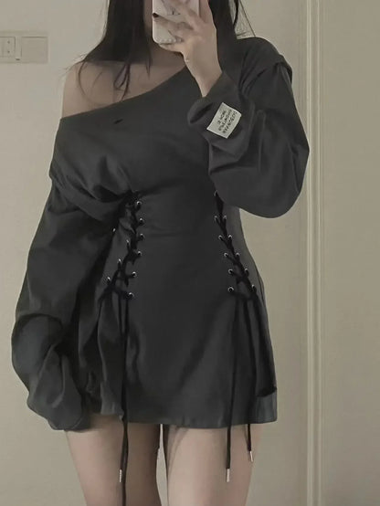 Fairycore Grunge Corset Dress Long Sleeve Women Aesthetic Y2k Fairy Goth Clothes Kawaii Bandage Bodycon Dresses Spring Autumn