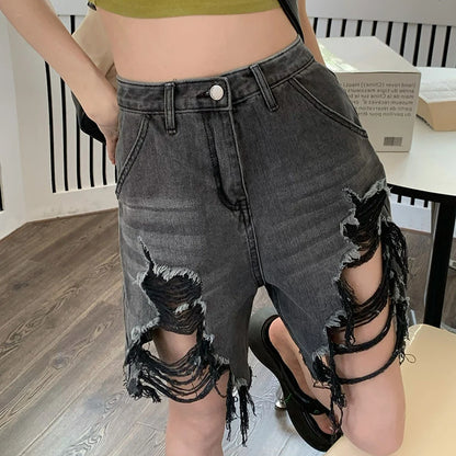 MEXZT S-5Xl Denim Shorts Women High Waist Hole Jeans Shorts Summer Streetwear Korean Vintage Distressed Wide Leg Short Pants New