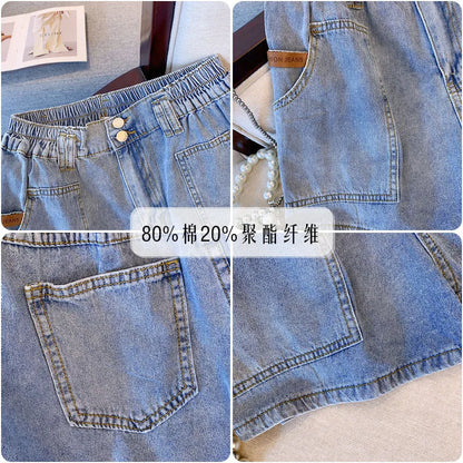 New  Ladies Summer Plus Size hot pants For Women Large Size Loose Blue Cotton Pocket Denim Shorts 3XL 4XL 5XL 6XL 7XL