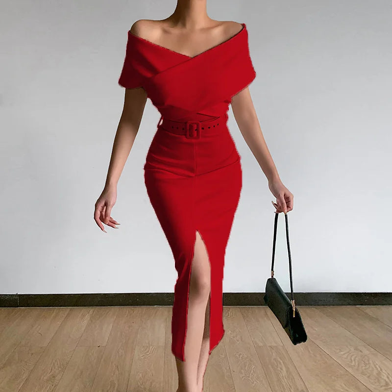 Women Elegant Commuter Wrap Hip Dresses Belt Included Crossover V Neck Off The Shoulder Gown Female Split Hem Pencil Dress 2024
