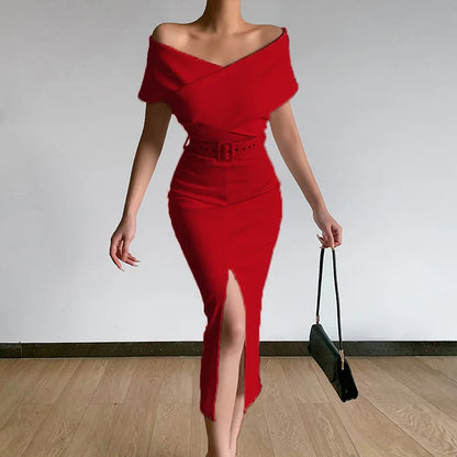 Women Elegant Commuter Wrap Hip Dresses Belt Included Crossover V Neck Off The Shoulder Gown Female Split Hem Pencil Dress 2024