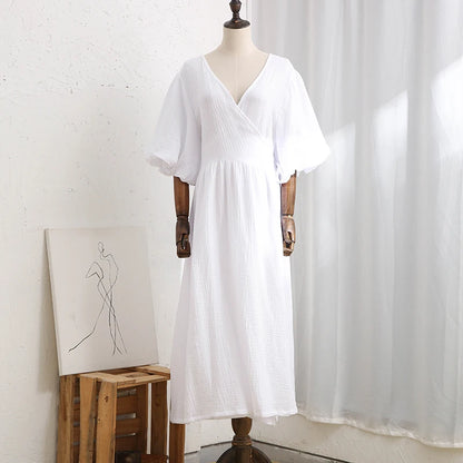 Causal 100% Cotton Women's Dress Vintage Crepe Gauze V-Neck Puff Sleeve Bandage Lace Up Elegant White Dresses Long Maxi Robe