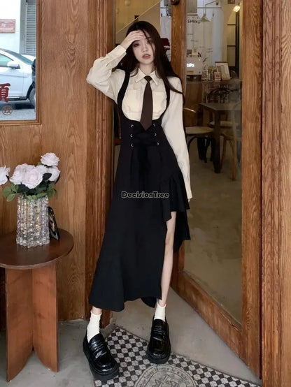 2023 spring new korean style sweet and spicy strap dress long sleeve shirt set two piece retro casual women fashion jk set s491
