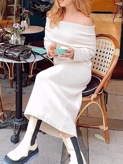 Vintage Women Elegant Off The Shouder Bomb Knitted Long Dresses Spring Fashion Ladies Slim Chic Dress Female Stylish