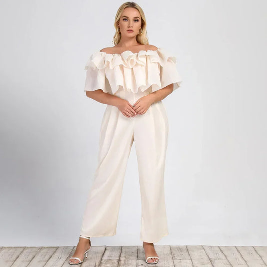 Plus Size Solid Ruffle Off Shoulder Jumpsuit Curvy Aesthetic Spring Fashion Women Jumpsuit Elegant High Waist Wide Leg Jumpsuits