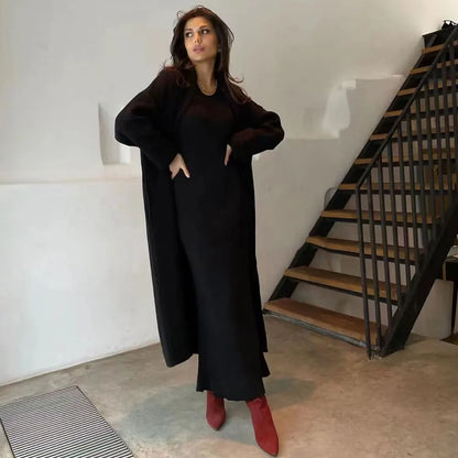 Casual Solid Knitted Sweater Long Dress Set Women Long Sleeve Loose Long Cardigan Coat&Sleeveless Mid length Dress Two Piece Set