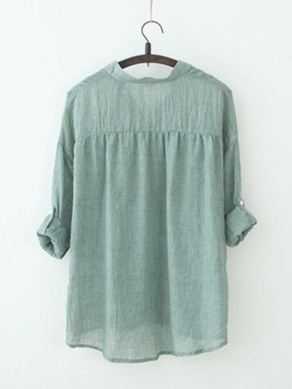 Casual Long Seleeve Literature Femal Autumn Blouse Cotton Linen Shirt Woman Vintage Winter Loose Stand-up Collar Shirt