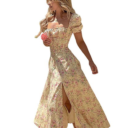 Women s Dress Puff Short Sleeves Lace Up Chest Floral Printed High Splitting Long Skirt for Female