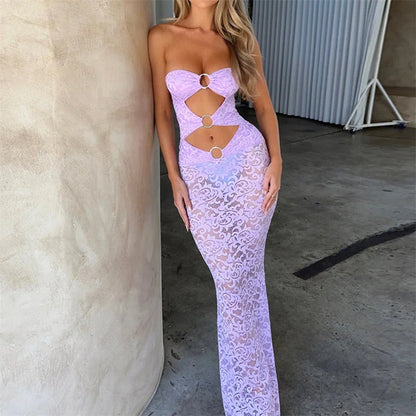 Xingqing Women Lace Dress Elegant Sheer Hollow Out Off Shoulder Strapless Sleeveless Bodycon Dresses Cocktail Party Dresses